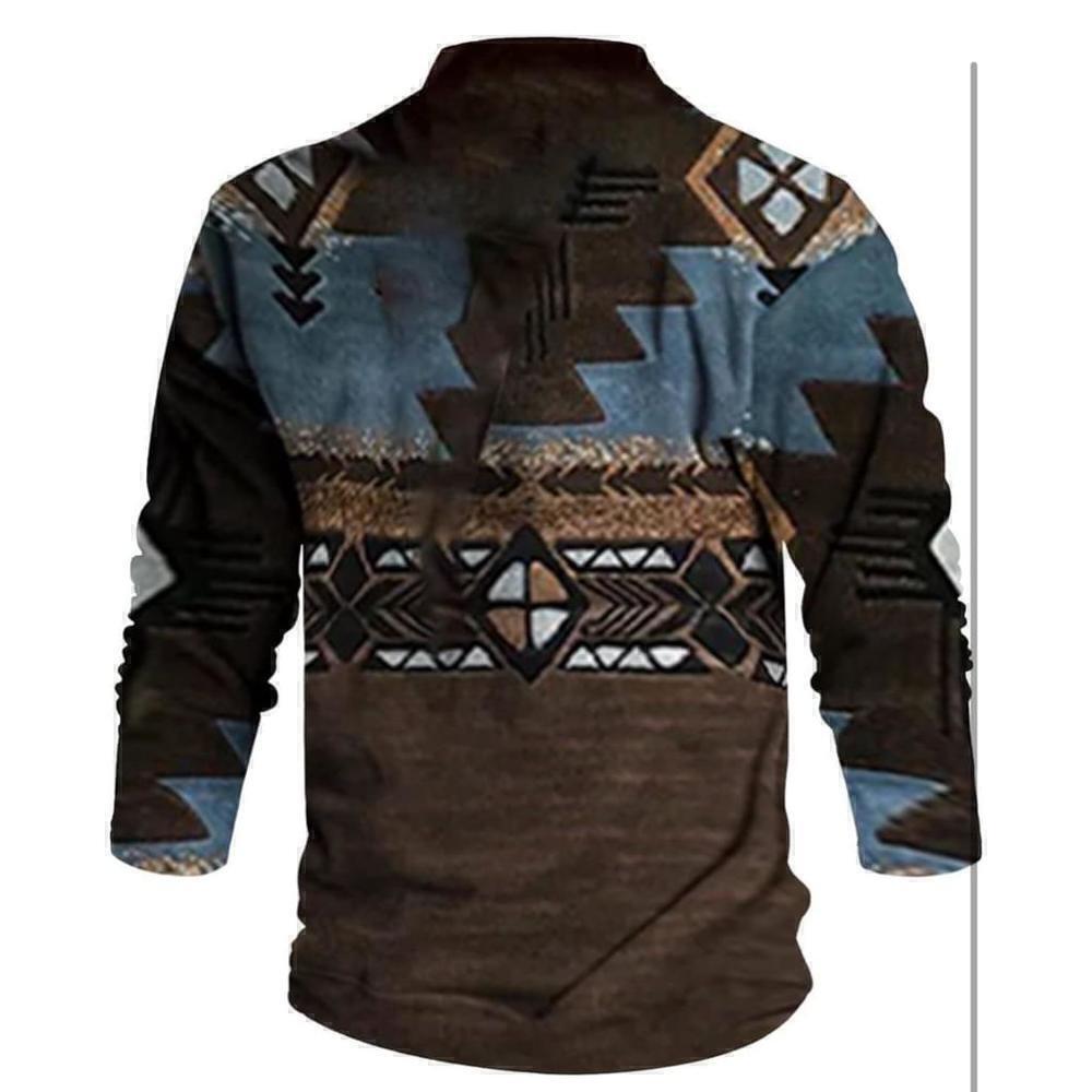 Men’s Digital Print Stand Collar Pullover Tops Casual Fashion 6 Button V Neck Ts